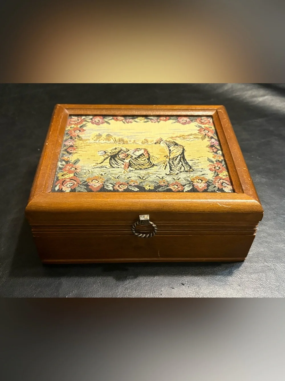 Vintage Wooden Jewelry Box Tapestry Pastoral Ladies Mirror Yellow Velvet Inter.